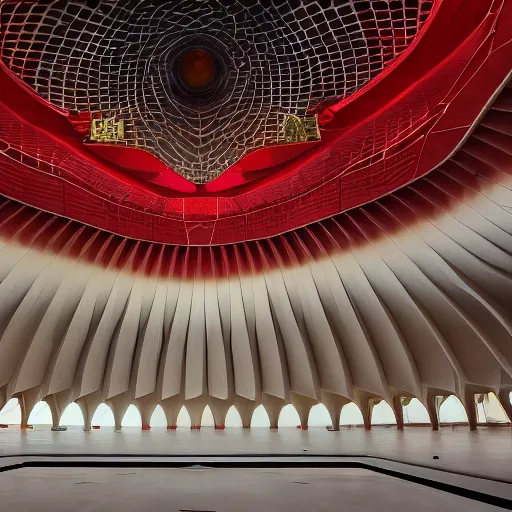 Image similar to interior of a futuristic lotus temple space station with gold, red and white marble panels, by buckminster fuller and syd mead, intricate contemporary architecture, photo journalism, photography, cinematic, national geographic photoshoot