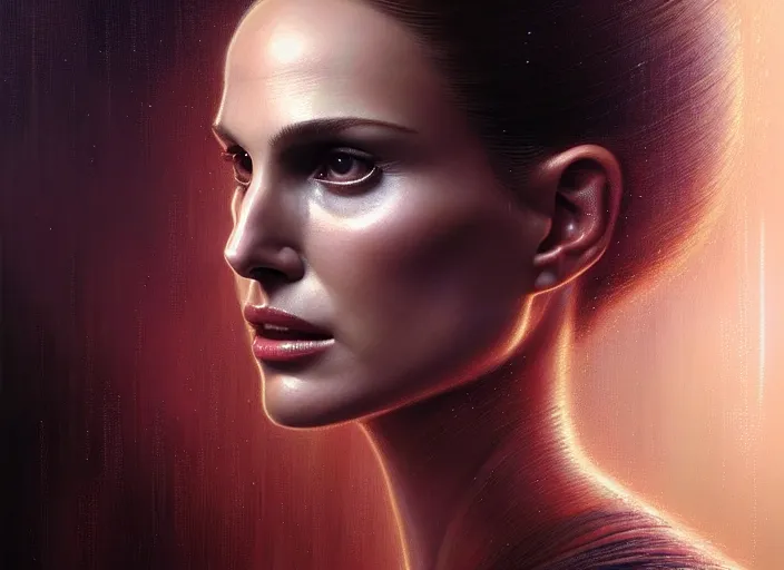 Image similar to portrait shot of natalie portman in bladerunner, intricate, elegant, highly detailed, centered, digital painting, artstation, concept art, smooth, sharp focus, illustration, artgerm, tomasz alen kopera, peter mohrbacher, donato giancola, joseph christian leyendecker, wlop, boris vallejo