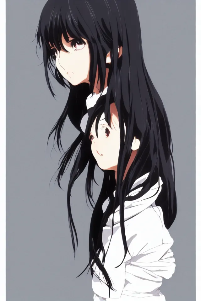 Image similar to anime visual, portrait of a young black haired girl wearing hoodie in a school, cute face by yoh yoshinari, katsura masakazu, studio lighting, dynamic pose, dynamic perspective, strong silhouette, anime cels, ilya kuvshinov, cel shaded, crisp and sharp, rounded eyes, moody