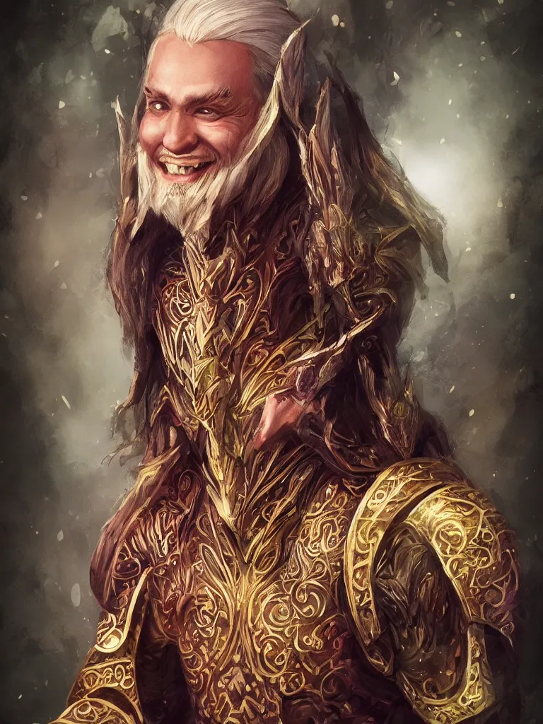 Image similar to picture of one glorious traditional Atlantean wizard, smiling, traditional clothes, cinematic, high quality, cgsociety, artgerm, 4K, UHD, trending on ArtStation