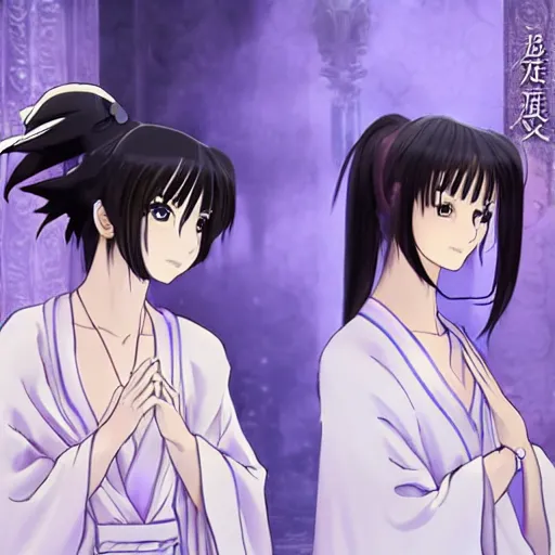 Prompt: a scene of two identical beautiful female priestesses face to face, in white robes, full of detail, subtle anime style