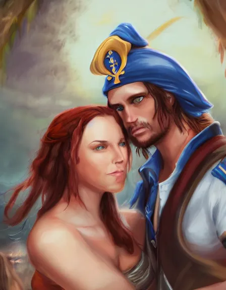 Prompt: couple in love. fully clothed armed female pirate captain, rachel wall, with a male pirate partner, sun, summer, blue eyes, beauty, wisdom, love, strength, knowledge, smart, portrait, symmetrical, highly detailed, digital painting, artstation, smooth, sharp focus, illustration, strength, art by felice house. 8 k