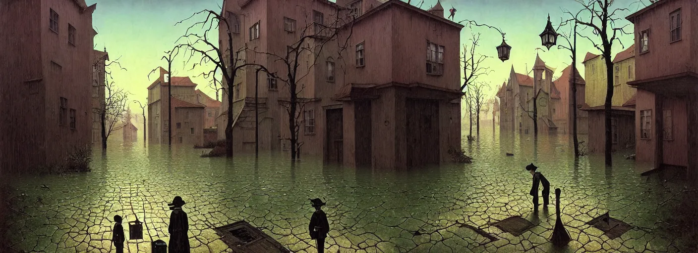 Image similar to flooded! old dark scary wooden empty cursed town street entrance, very coherent and colorful high contrast masterpiece by gediminas pranckevicius rene magritte norman rockwell franz sedlacek, full - length view, dark shadows, sunny day, hard lighting, reference sheet white background