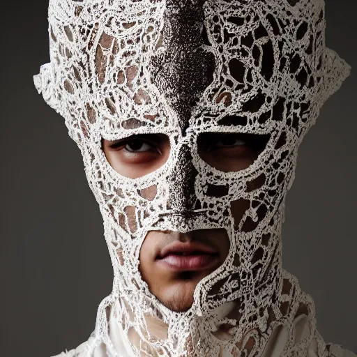 Prompt: a beautiful egyptian young male wearing a translucid lace wedding mask designed by alexander mcqueen, photographed by andrew thomas huang for a fashion editorial