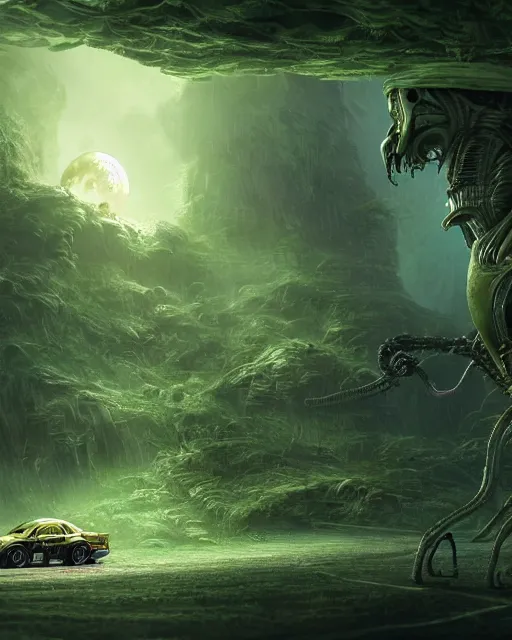 Image similar to xenomorph taxi car in a fantasy village, calming, uplifting mood, ultra realistic, farm, small buildings, alien car, highly detailed, atmosphere, masterpiece, epic lighting, elves, green plants, magic, illuminated, 4 k, cinematic, morning sun, art by eddie mendoza, sylvain sarrailh