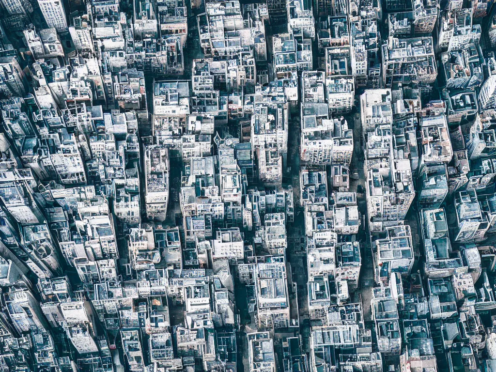 Prompt: drone view of a symmetrical city, Brutalist architecture, sharp focus, telephoto lens, digital art 4k