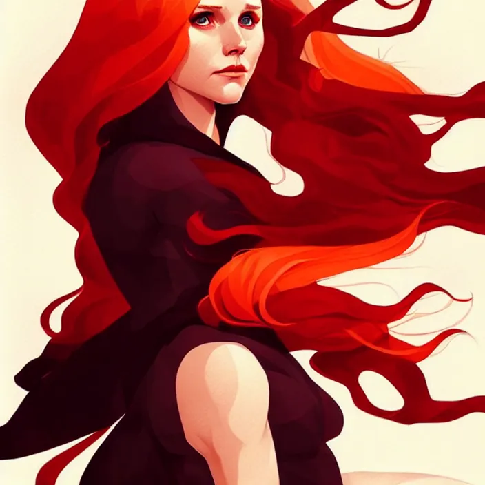 Image similar to style artgerm, joshua middleton, beautiful kristen bell with dark red dress, very long orange hair, symmetrical face, symmetrical eyes, fire powers fire swirling, detailed, volcano setting, cinematic lighting