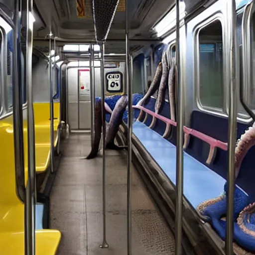 Image similar to of a giant octopus invading a interior of a subway train in new york,