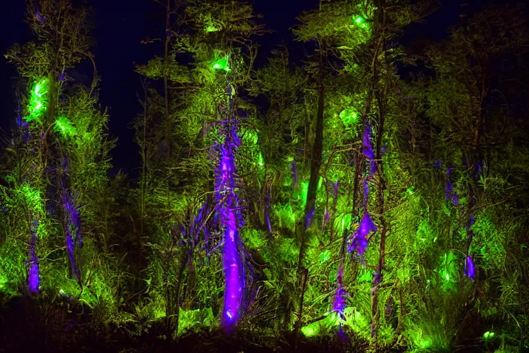 Image similar to bioluminescent pandora nighttime forest. dark. soft glow.