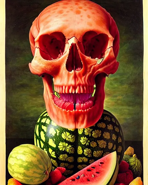 Image similar to interdimensional human watermelon skull being made out of fruits, ethereal still life renaissance painting by giuseppe arcimboldo and alex grey