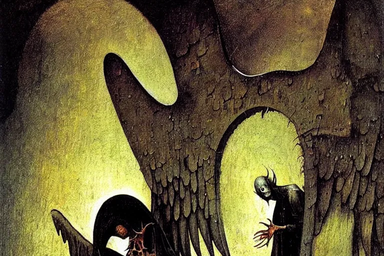 Image similar to fallen angel begs to enter the gates of hell by les edwards and hieronymus bosch