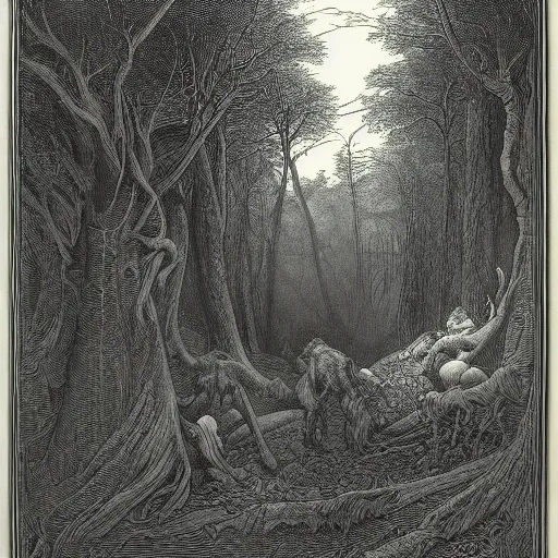 Prompt: the creature in the woods, engraving, sinister atmosphere, gothic, beautifully detailed, by gustave dore
