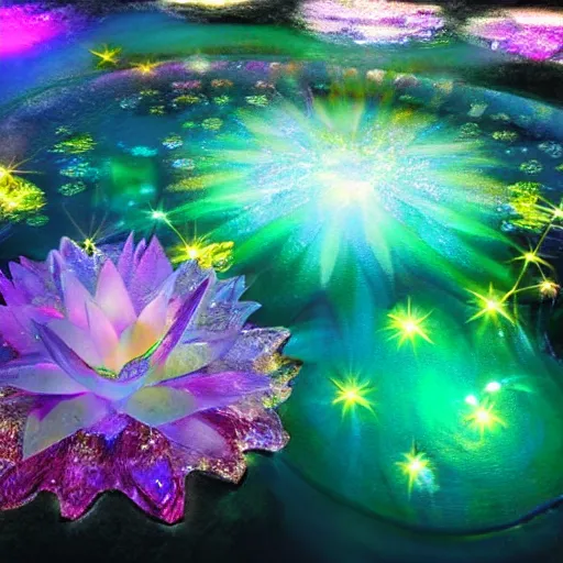 Image similar to crystalline flowers illuminate the otherworldly dichroic pond, fog, godlight, happy, colorful, glow, stars, golden ratio