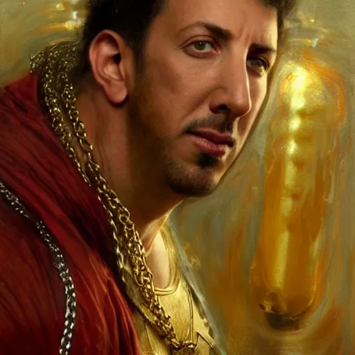 Image similar to detailed realistic cinematic wide shot of beautiful attractive muscular adam sandler as roman empreror gold chain wearing royal red clothes slim face symettrical face clean skin black eyes black robe smooth, sharp focus, ultra realistic, spring light, painting by gaston bussiere, craig mullins, j. c. leyendecker