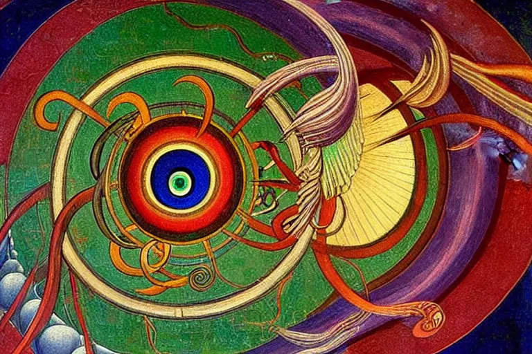 Image similar to painting of rainbow ophanim surrounded by large diagonally rotating rings, ophanim has bird wings, giant eyeball in the middle of the ophanim, by sandro botticelli, amazing details, mythological, biblical, beautiful composition