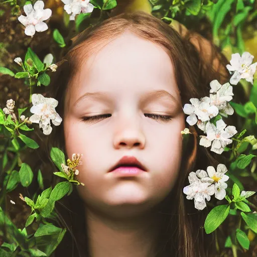 Image similar to girl looking up with flowers sprouting from her face, ethereal illustration