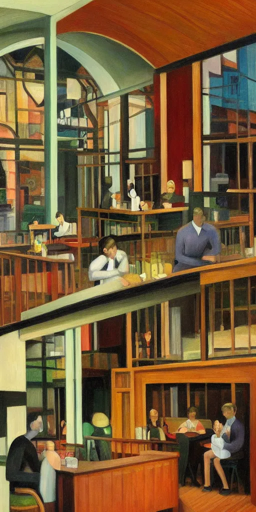 Image similar to cat cafe atrium, grant wood, pj crook, edward hopper, oil on canvas