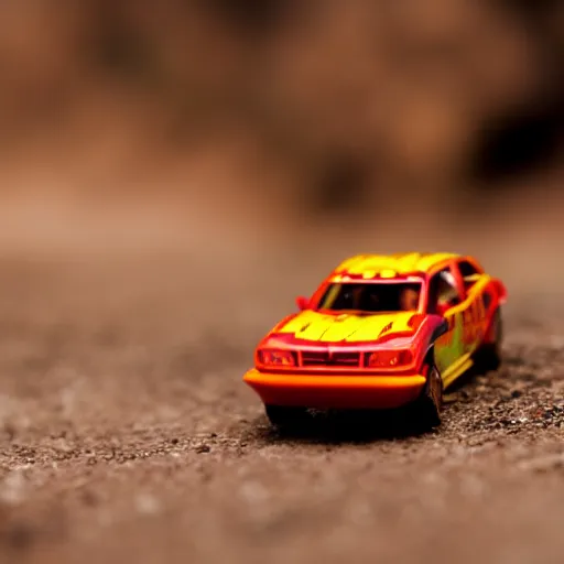 Image similar to macro photography of a toy hot wheels car driving through a forest fire, 3 5 mm