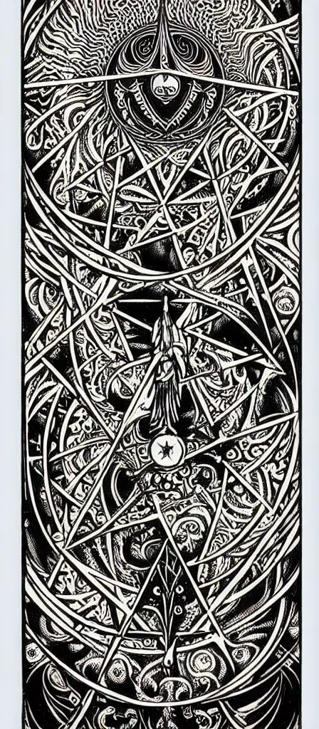Image similar to a beautiful fractal tarot card featuring bold occult imagery with clean lines. skullpunk demon. dimension. haeckel fish. detailed adult coloring book