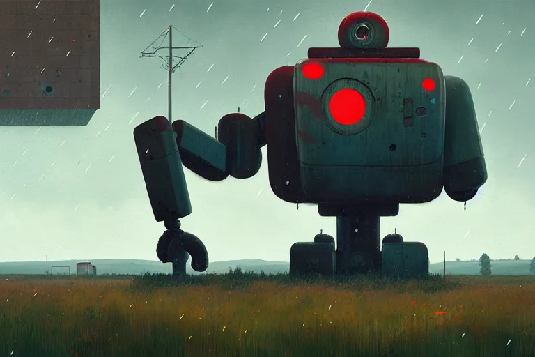 Image similar to British countryside derelict giant robot raining by Simon Stålenhag