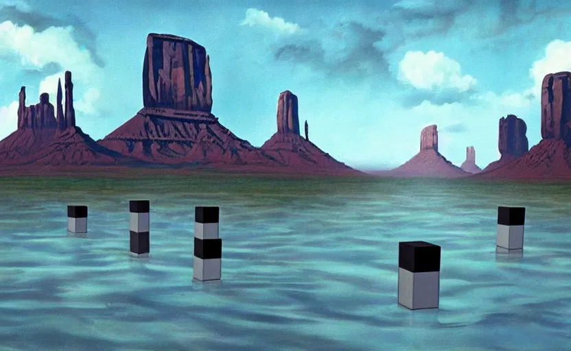 Image similar to hyperrealist painting of 1 0 flying cubes from independence day ( 1 9 9 6 ) in a flooded monument valley stonehenge jungle. 1 9 7 0 s science fiction, moody, misty, depth perception, 4 k, artstation, in the style of studio ghibli