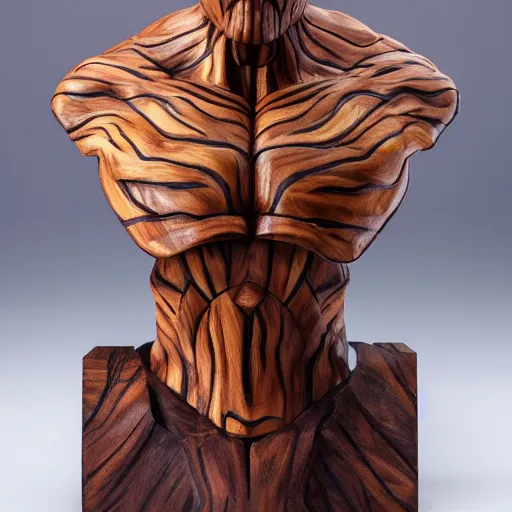 Image similar to a completely made of wood, real - world sculpture bust of the thanos marvel character, made of highly polished walnut wood, polished, cedar, polished tiger - wood. photograph, photographic, 3 5 mm