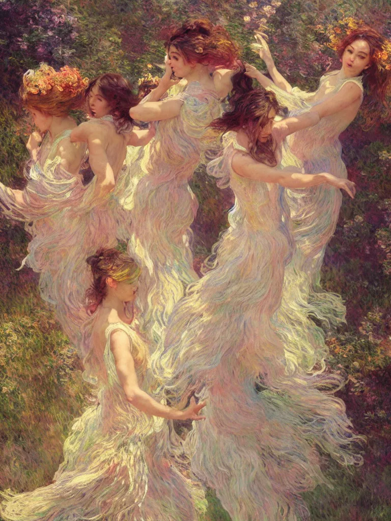 Image similar to illustration studio portrait of three beautiful seraphim female energy in artistic poses dancing in nature, monet painterly motives and textures pattern, hyper detailed, octane render, vivid colors, artstation, by jeremy mann, by alphonse mucha, by monet