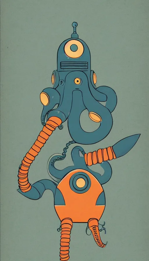 Prompt: 1 9 5 0 s retro future robot android octopus. muted colors. by filbert cunningham