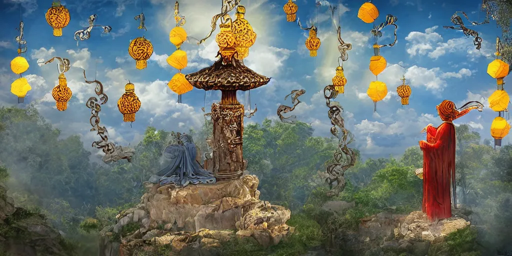 Image similar to wind god enjoying the view from his stone heavenly palace, decorated with windchimes and paper lanterns, nature, clouds and other palaces in background, digital art