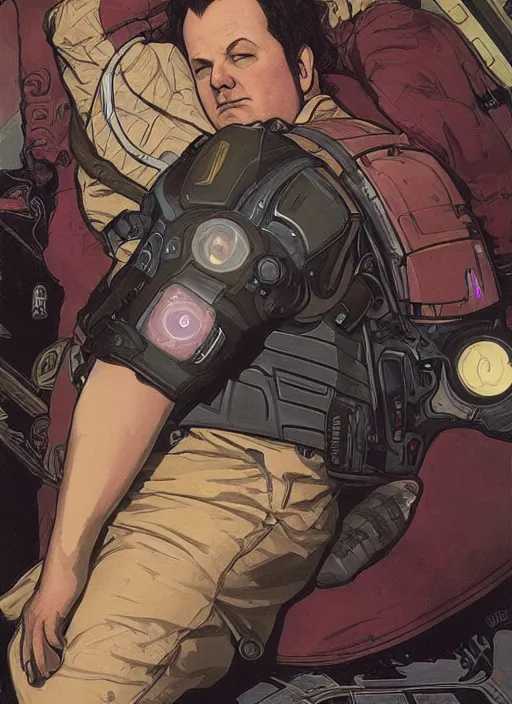 Prompt: cyberpunk paul blart napping. portrait by ashley wood and alphonse mucha and laurie greasley and josan gonzalez and james gurney. spliner cell, apex legends, rb 6 s, hl 2, d & d, cyberpunk 2 0 7 7. realistic face. vivid color. dystopian setting.