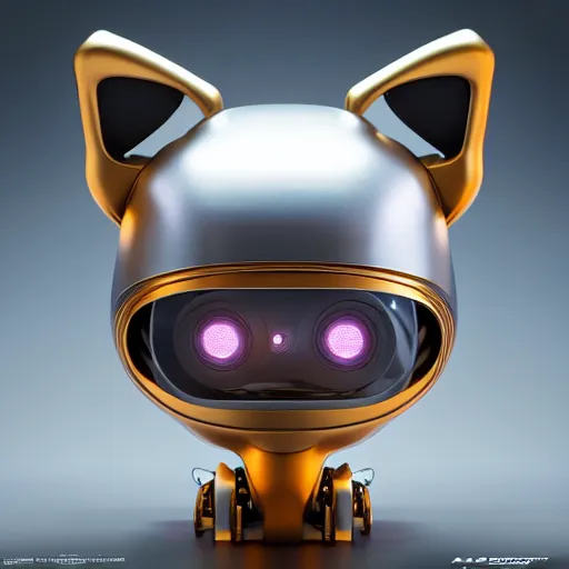 Prompt: product photo of a futuristic stylized pet robot, kitten puppy teddy mix, super cute robot face, awww, by artgerm and greg rutkowski and marc newson, alphonse mucha, zaha hadid,, volumetric light, detailed, octane render, midsommar