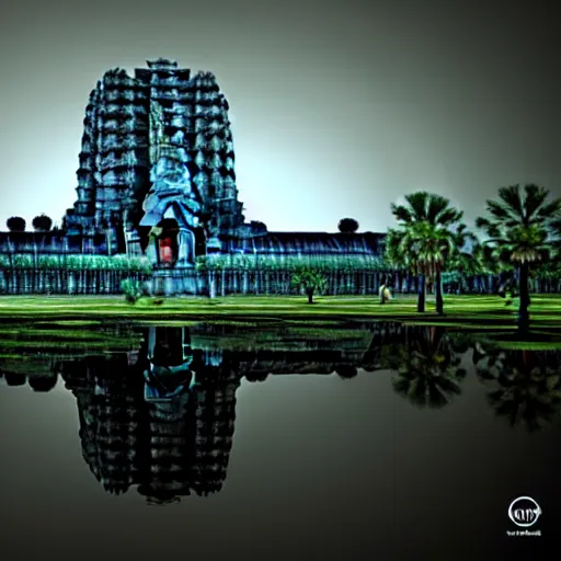 Image similar to a futuristic distopic angkor thom, photorealistic, bladerunner, dramatic lighting, highly detailed