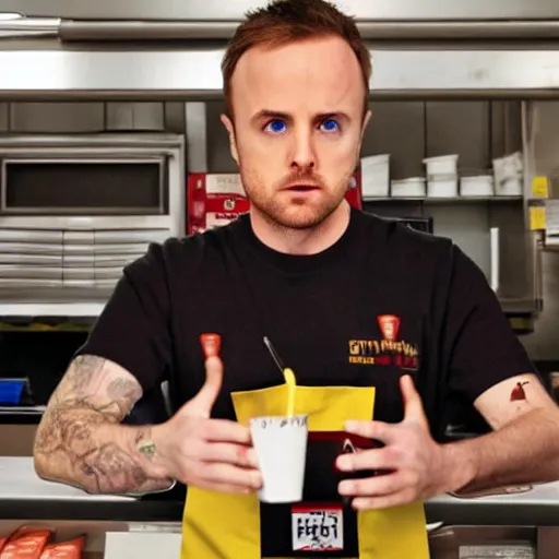 Prompt: photo of jesse pinkman working at a fast food place