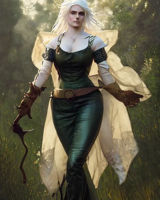 Image similar to Pre-Raphaelite Ciri from Witcher 3 by Artgerm and Greg Rutkowski, wearing haute couture by schiaparelli, sharp focus, sun rays, intricate, elegant, highly detailed, digital painting, pale