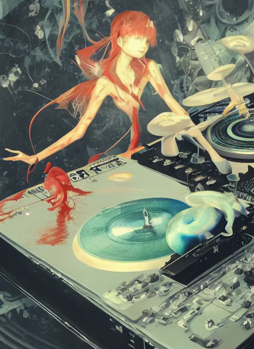 Image similar to surreal gouache painting, by yoshitaka amano, by ruan jia, by Conrad roset, by good smile company, detailed anime 3d render of a magical Dragonfly flying over a Mushroom on a DJ Mixer, Vinyl deck, controller, portrait, cgsociety, artstation, rococo mechanical and Digital and electronic, dieselpunk atmosphere