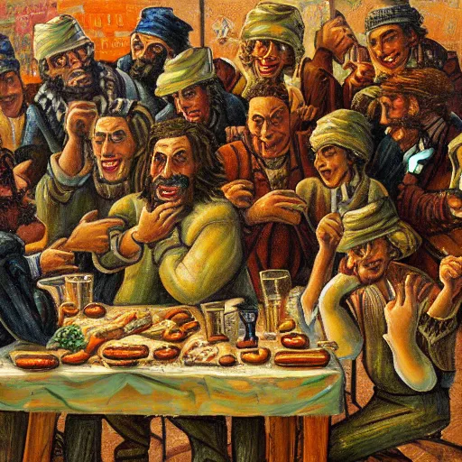 Prompt: monumental, chaotic by mark briscoe. a beautiful street art of a group of people gathered around a table in a tavern. they are all eating & drinking, & appear to be enjoying themselves.