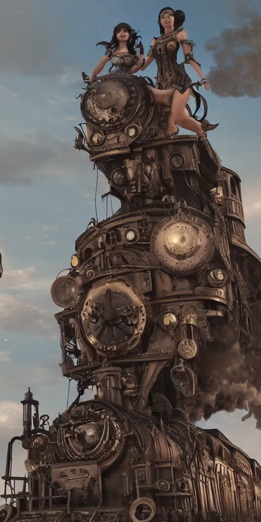 Prompt: movie frame with female riding on top of the steam punk train, provocative, armor inspired ancient aztecs and fashion, symmetrical face, epic, perfect body, award winning, establishing shot, extremely high detail, photorealistic, octane render