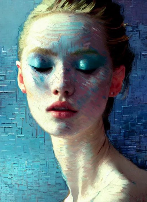 Image similar to portrait of beautiful girl, porcelain skin, ecstatic, dancing, eyes closed, shades of pastel blue and light grey, new york backdrop, beautiful face, rule of thirds, intricate outfit, spotlight, by greg rutkowski, by jeremy mann, by francoise nielly, by van gogh, digital painting