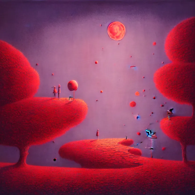 Image similar to red moon, summer morning, very coherent and colorful high contrast, art by! gediminas pranckevicius! geof darrow, pastel color, volumetric lighting, cinematic, floralpunk screen printing woodblock, dark shadows, hard lighting, stippling art