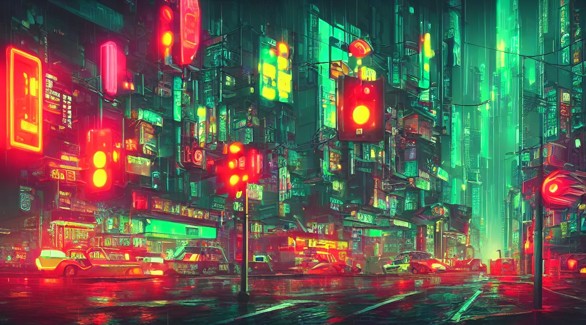 Image similar to retro cyberpunk retro city. street view. max hay. digital render. digital painting. night. raining. rain. neon. road signs. traffic lights. cables. advertisements. stalls. robot. dangiuz.