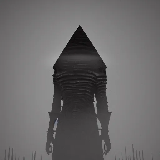 Image similar to Creepy long creature standing in a foggy weather in a desert world full of pyramids, award winning, trending on artstation, unreal engine