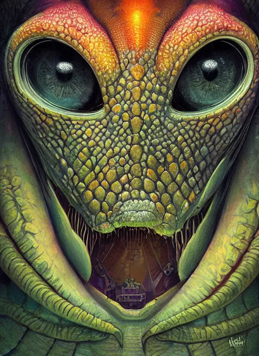 Image similar to close up sci - fi hippie poster art simon stalenhag reptile robot eyes, rainbow fur, elegant, highly detailed, centered, digital painting, concept art, smooth, sharp focus, illustration, artgerm, tomasz alen kopera, peter mohrbacher, donato giancola, joseph christian leyendecker, wlop, frank frazetta