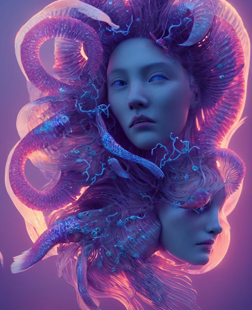 Image similar to goddess close-up portrait. orchid jellyfish phoenix head, nautilus, skull, betta fish, bioluminiscent creatures, intricate artwork by Tooth Wu and wlop and beeple. octane render, trending on artstation, greg rutkowski very coherent symmetrical artwork. cinematic, hyper realism, high detail, octane render, 8k