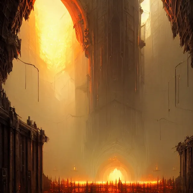 Image similar to huge gate, environment, illustration, fire, smoky, colors, epic scene, fantasy art by greg rutkowski, symmetrical, golden raito, high quality, intricate details, details, intricate, atmosphere, highly detailed, matte painting, cinematic, deviantart, realistic, concept art, 4 k