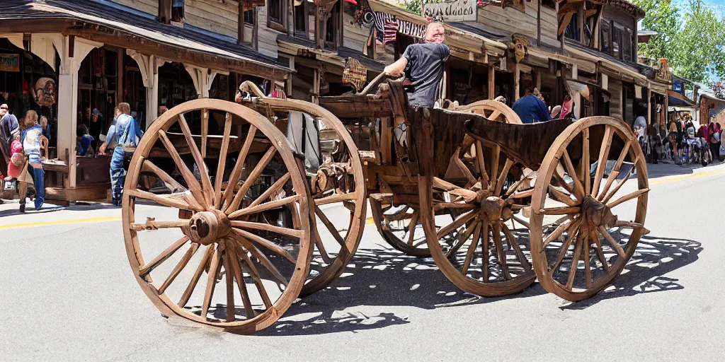 Prompt: wagon broken on main street of old west mountain town bustling with people, in the style of Fredrick Remington