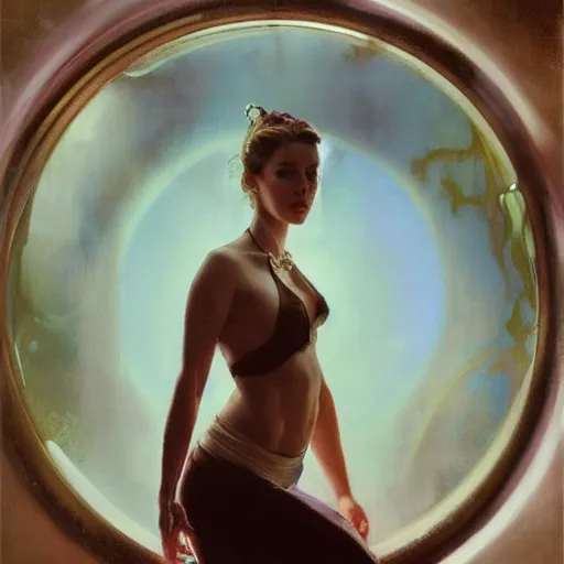 Image similar to hyperrealist portrait of a woman as amber heard staring down on a magical bowl of water. by jeremy mann and alphonse mucha, fantasy art, photo realistic, dynamic lighting, artstation, poster, volumetric lighting, very detailed faces, 4 k, award winning