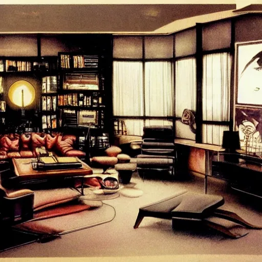 Image similar to rick deckard living room from bladerunner, as decorated by norman rockwell, moody, decadent, dirty,