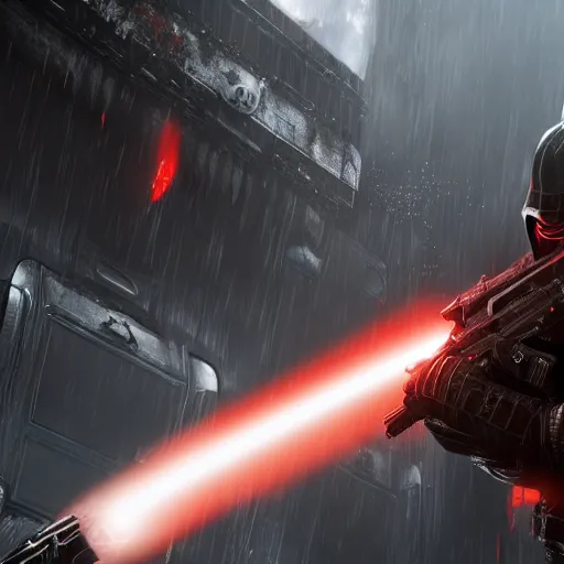 Image similar to Darth Vader in Gears of War!!!!!, splash art, movie still, cinematic lighting, dramatic, octane render, long lens, shallow depth of field, bokeh, anamorphic lens flare, 8k, hyper detailed, 35mm film grain