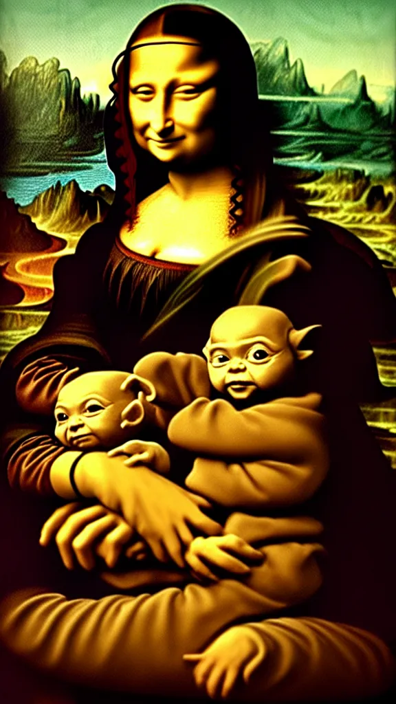 Image similar to the Mona Lisa holding Baby Yoda, painting in the style of the Mona Lisa