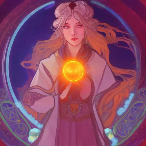 Image similar to portrait of a female mage with ball of orbs floating by her side, blueish aura by her side, dynamic pose, chromatic aberration, medium level shot, grim fantasy, illustration, mucha style, concept art,